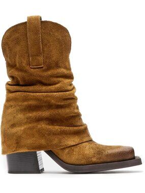 Women's Brown Suede Fold over Boots Square Toe Chunky Block Heel Mid Calf Boots